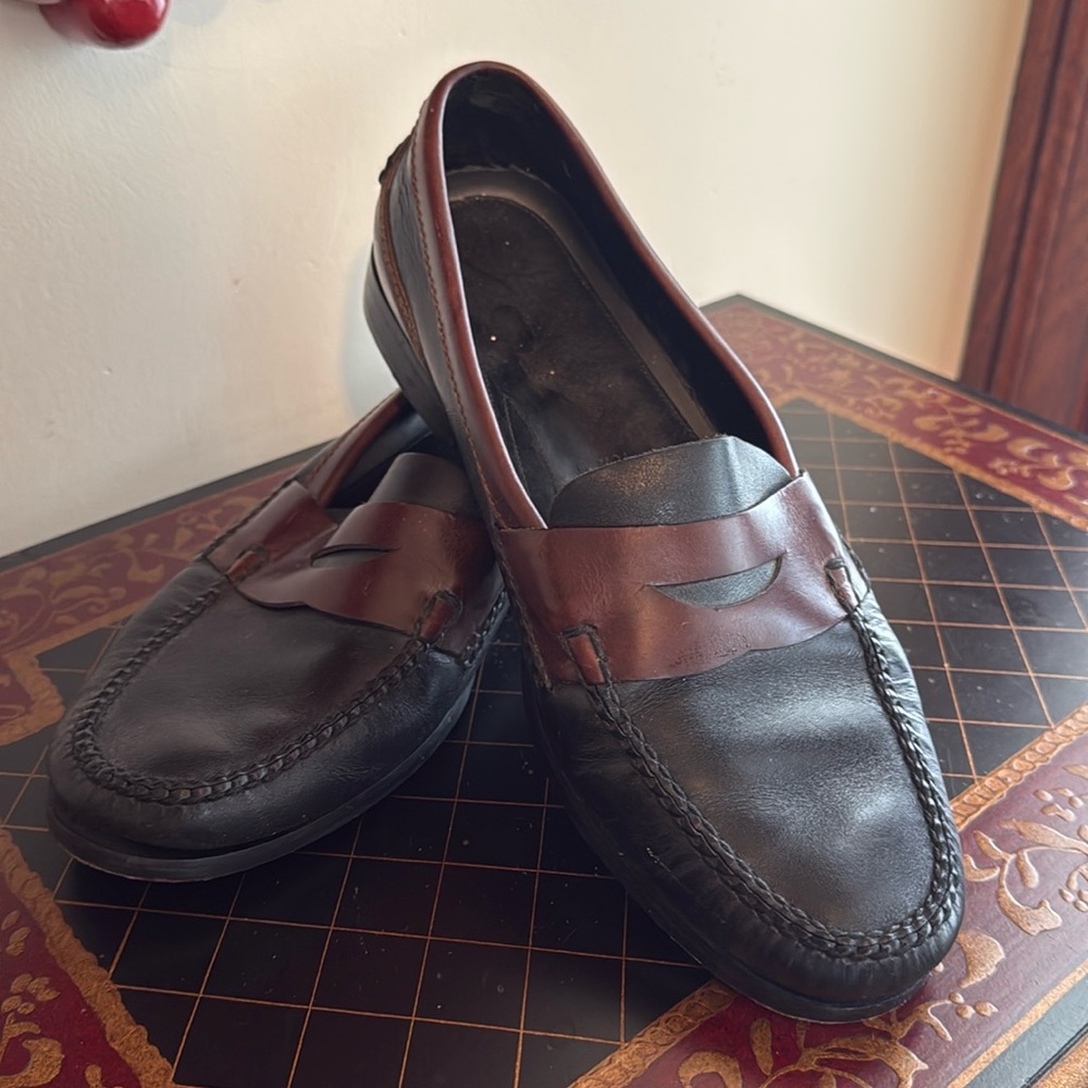 For sale: Genuine Leather Black Loafers with Brown Trim - Size 10.5